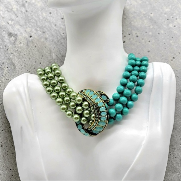 RARE Heidi Daus Retired Asymmetrical Pearl Turquoise Opal Necklace 14-18” Choker - Picture 9 of 17